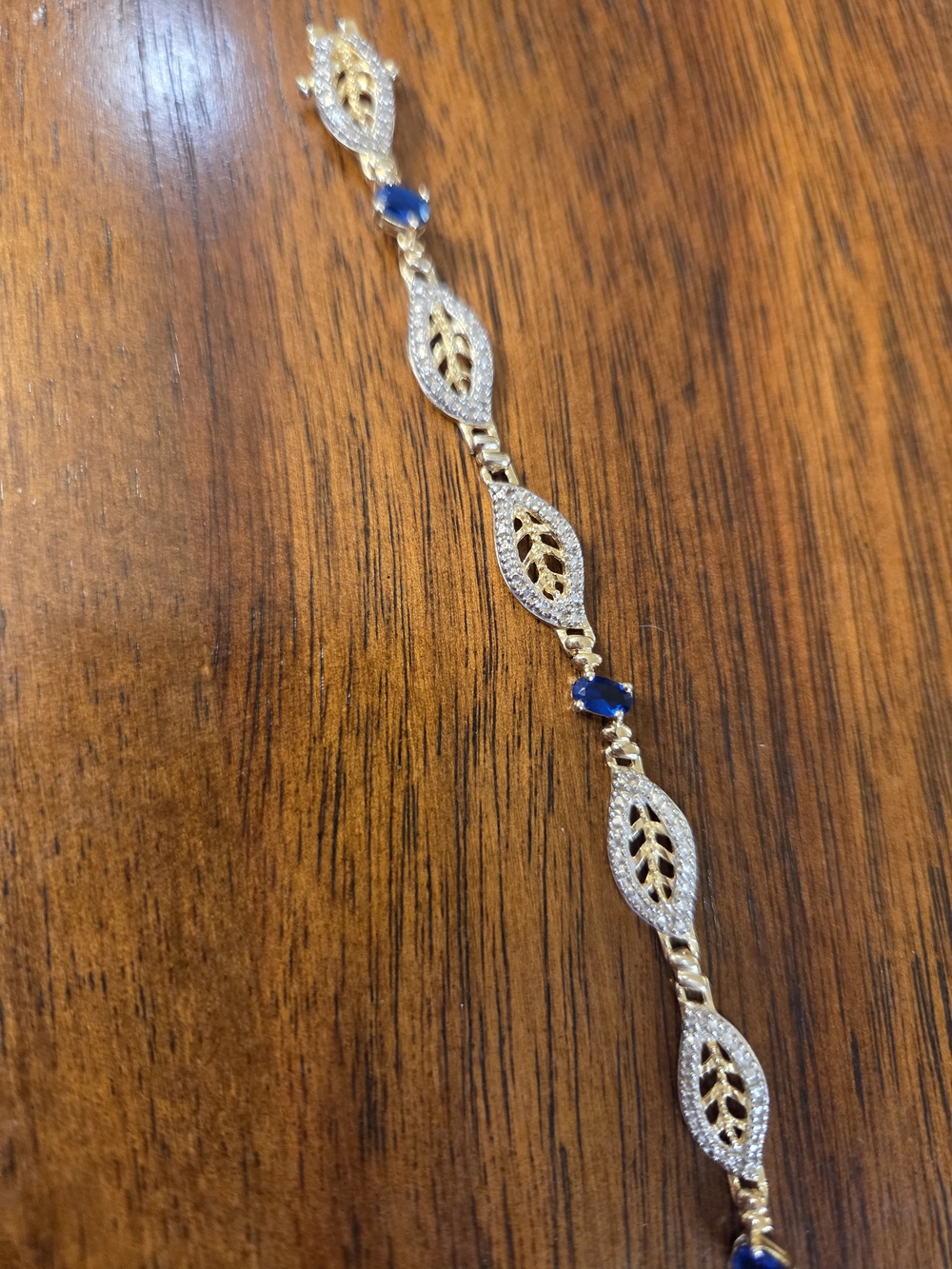 925 Sterling Silver Gold Plated Blue Sapphire & CZ Leaf Tennis Bracelet